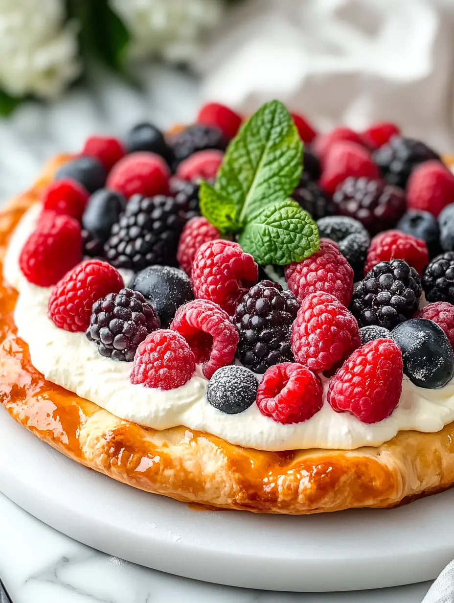 Side view of puff pastry tart with mascarpone cream and the juiciest berries