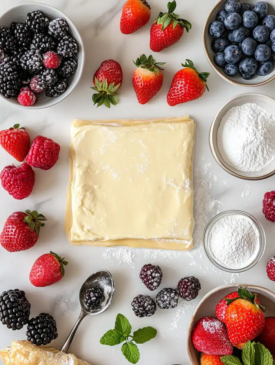 Puff Pastry Tart with Mascarpone Cream and the Juiciest Berries Ingredients Ingredients for puff pastry tart with mascarpone cream and the juiciest berries on marble countertop