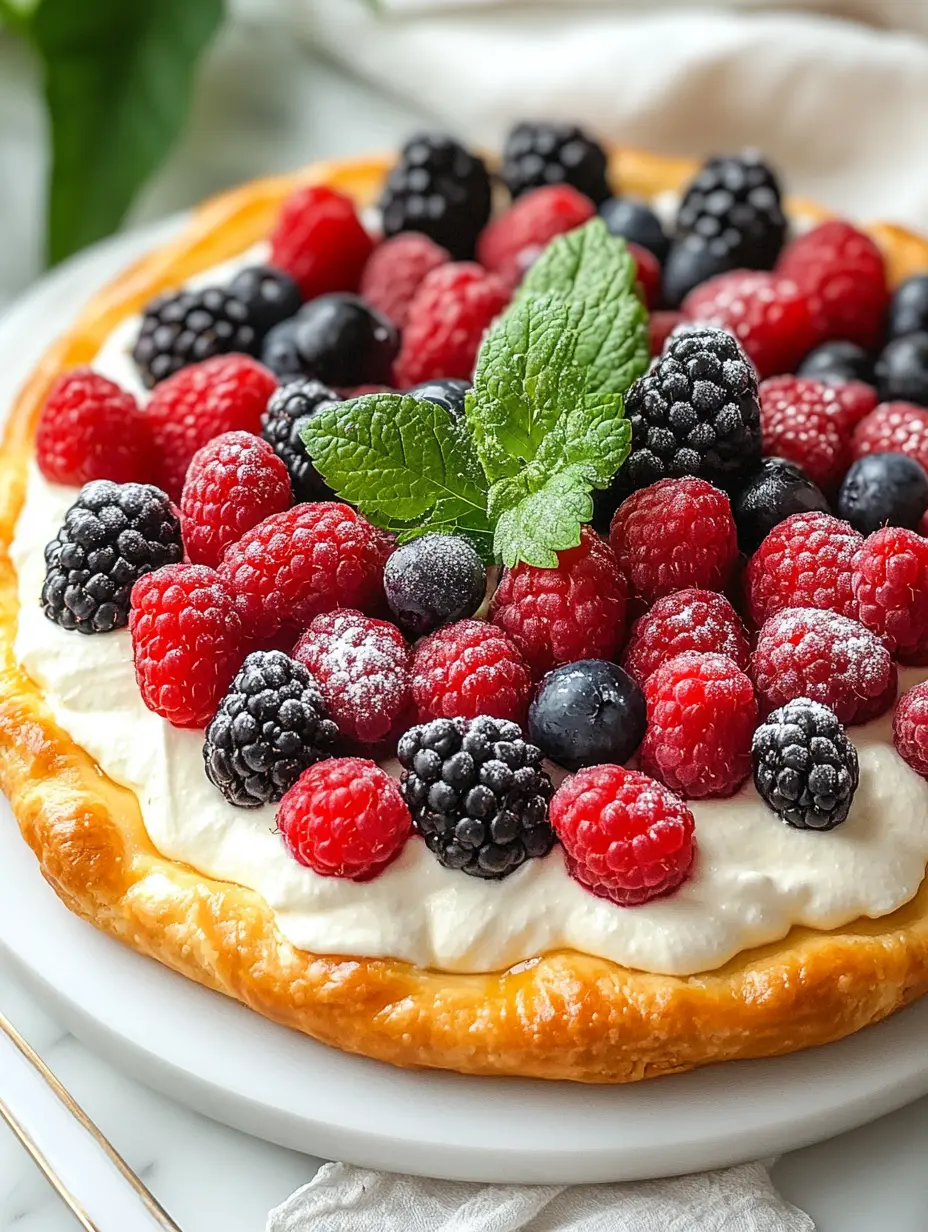 Puff Pastry Tart with Mascarpone Cream and the Juiciest Berries Side View Puff pastry tart with mascarpone cream and the juiciest berries on serving plate