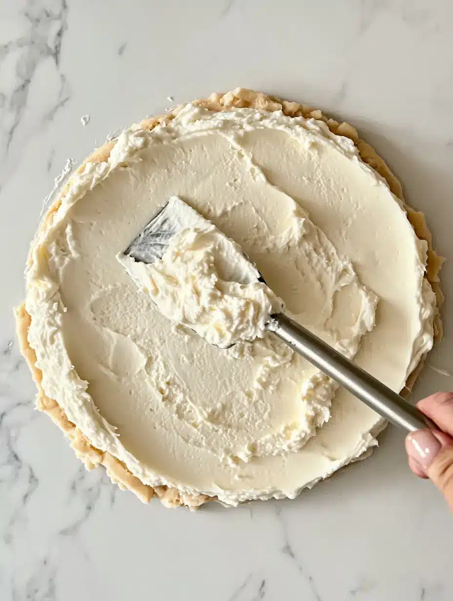 Spreading Cream for Puff Pastry Tart with Mascarpone Cream and the Juiciest Berries Spreading mascarpone cream on baked puff pastry tart for puff pastry tart with mascarpone cream and the juiciest berries