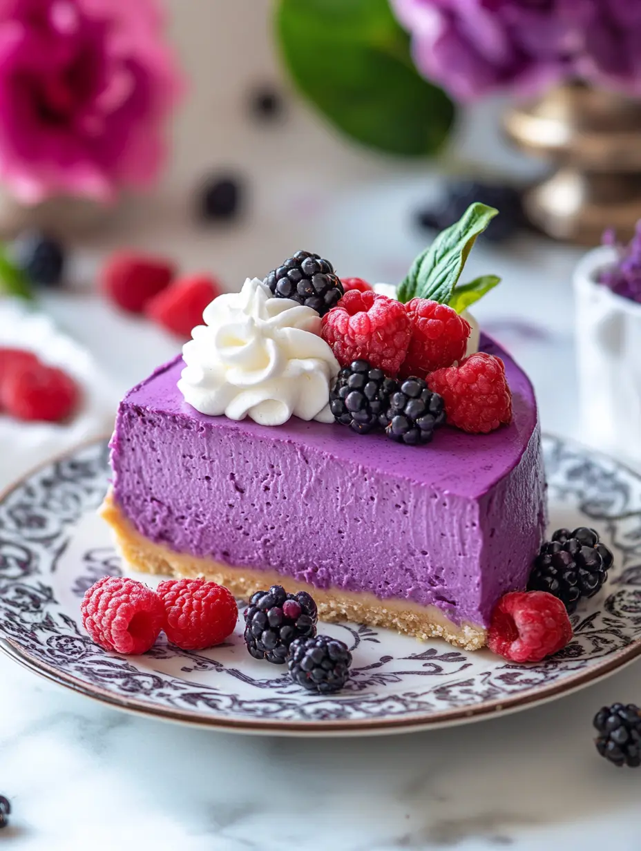Ube Cheesecake Recipe Slice of Ube Cheesecake with whipped cream and berries