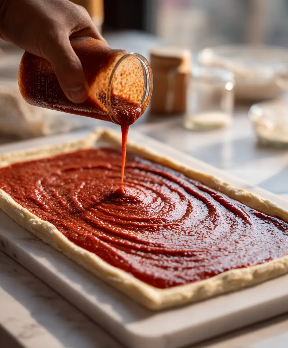 Adding Marinara Sauce – Garbage Bread Base Tomato marinara sauce poured over rectangular dough