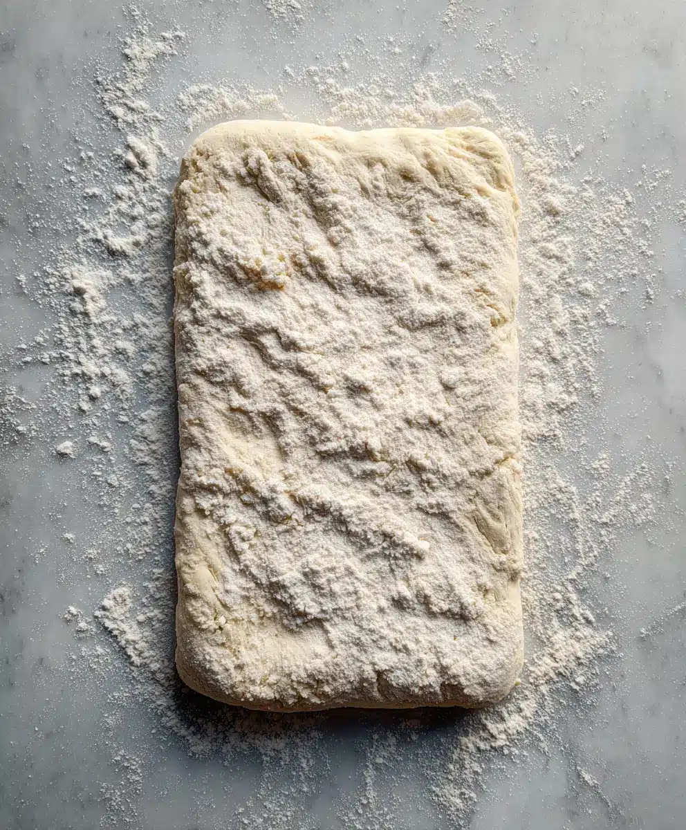 Floured Dough Base – Garbage Bread Recipe Floured rectangular bread dough ready for filling