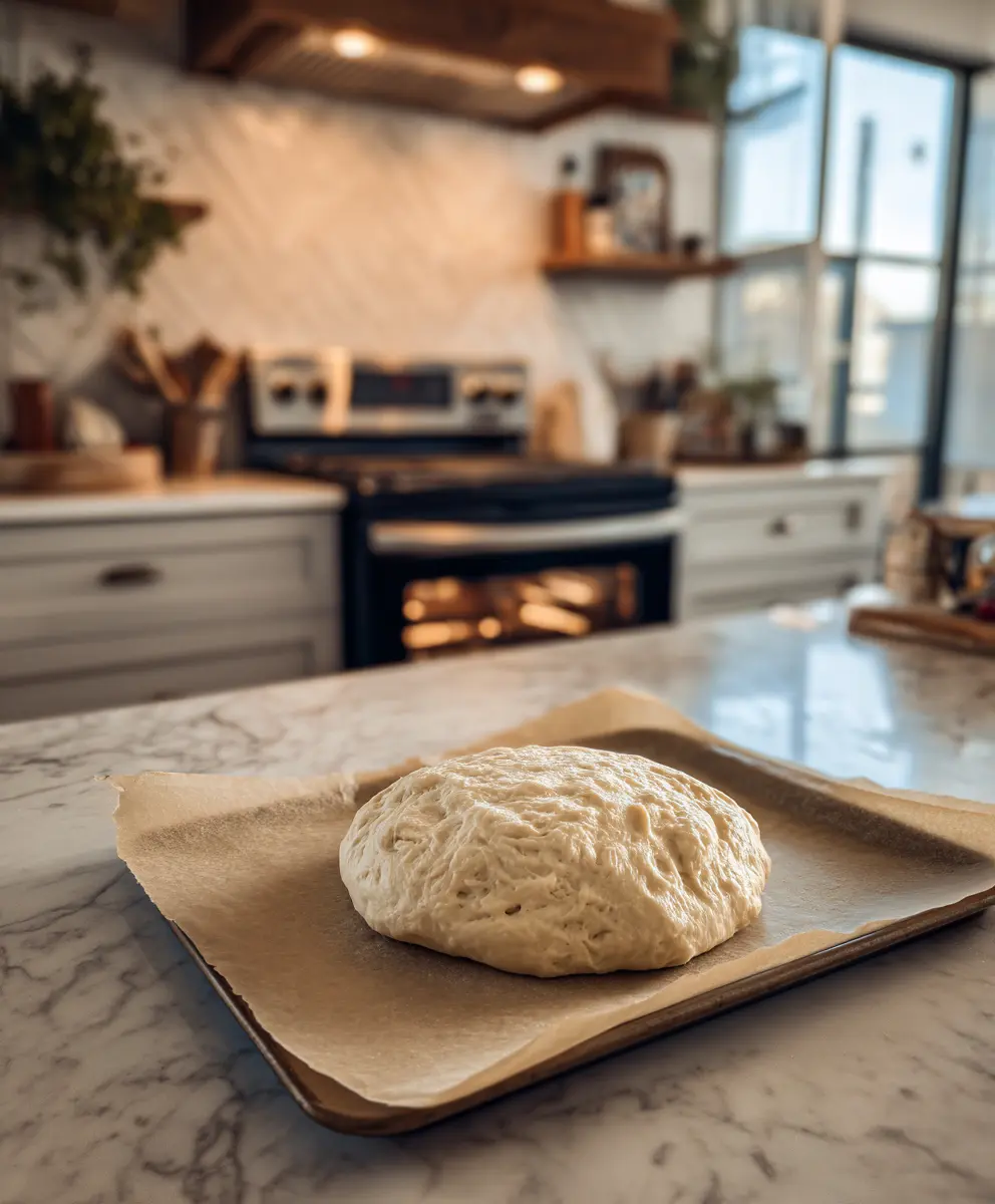 Garbage Bread Dough Rising – Homemade Recipe Step Homemade bread dough rising on parchment paper before baking