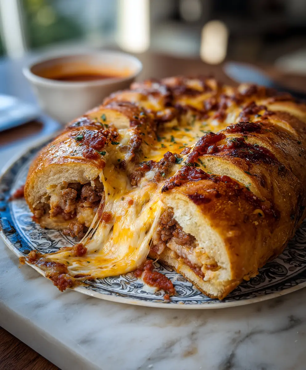 Cheesy stuffed garbage bread with meat filling