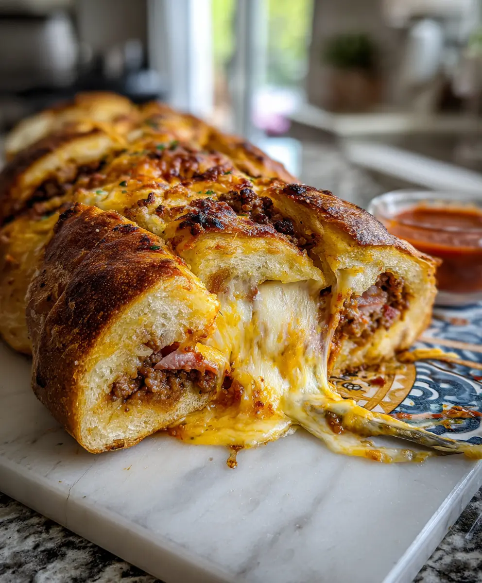 Gooey Garbage Bread Slice with Cheese Pull Sliced garbage bread with melted mozzarella and beef