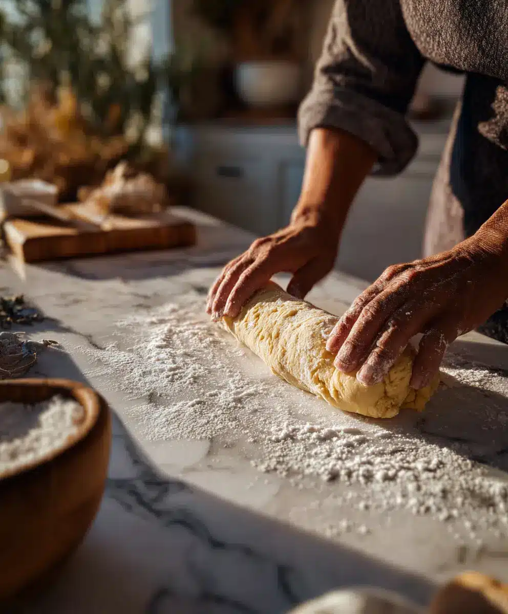 Rolling the Dough – Garbage Bread Preparation Rolling homemade bread dough for garbage bread