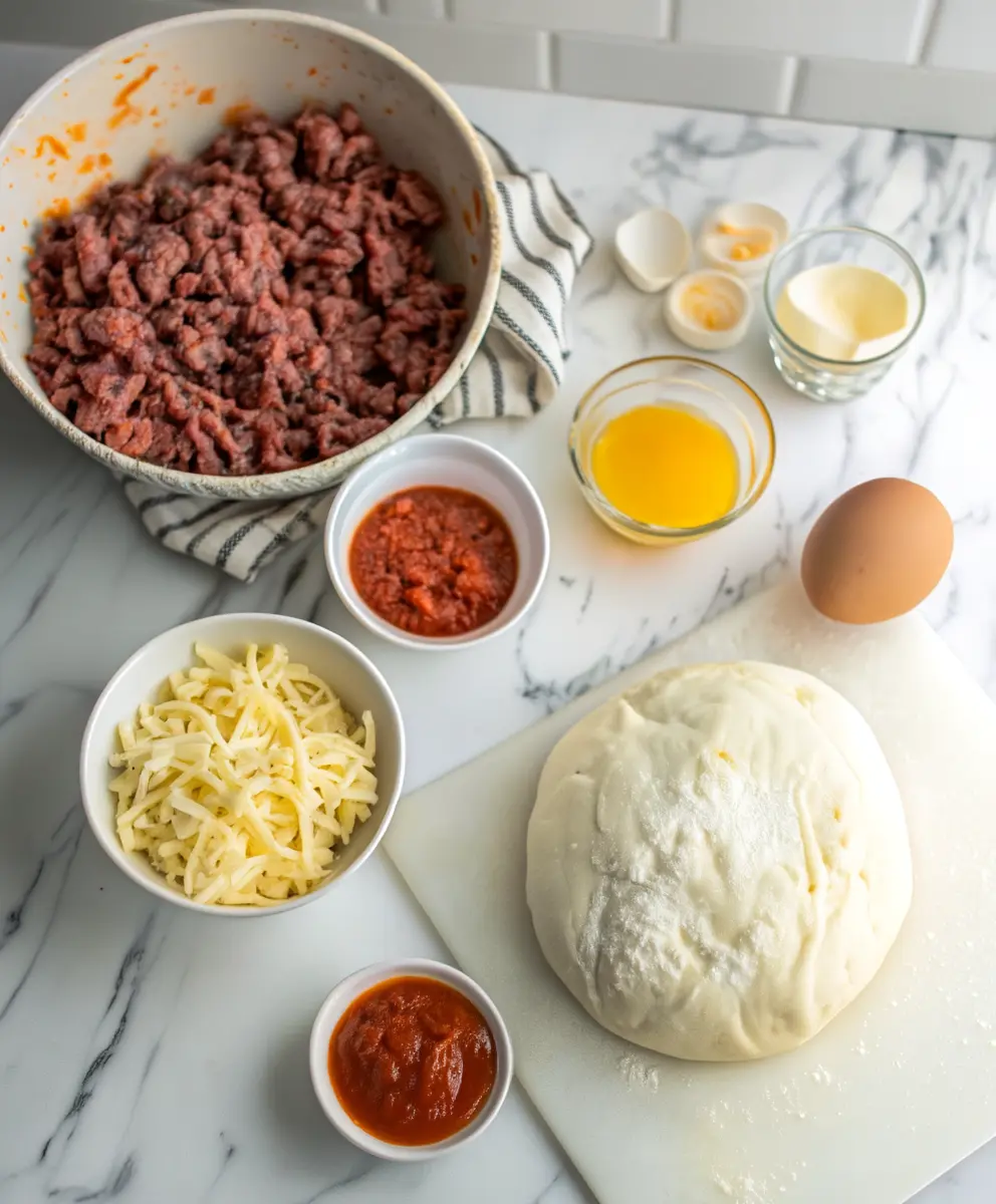 ngredient Flat-Lay for Homemade Pizza Pockets Flat-lay of 1 lb pizza dough, cooked and seasoned ground beef or sausage, shredded mozzarella and cheddar cheese, marinara sauce, Italian seasoning, and an egg on a white marble kitchen counter in warm natural light.