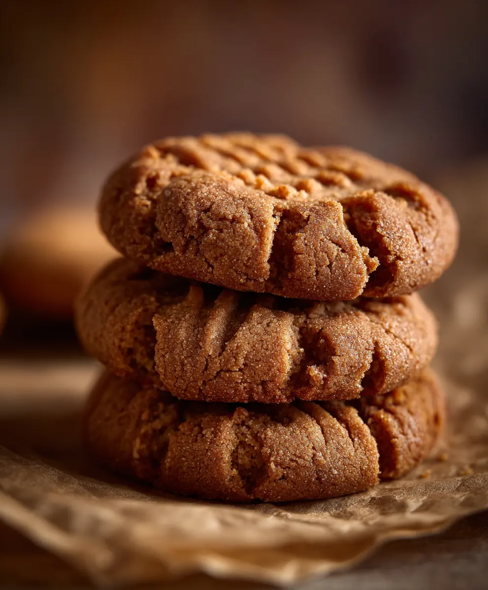 Stack of 3-Ingredient Peanut Butter Cookies Close-up of a stack of soft, chewy 3-ingredient peanut butter cookies on parchment paper.