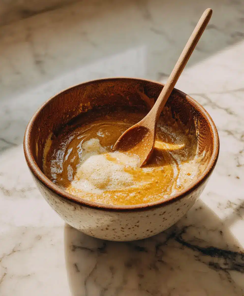 Peanut Butter Cookie Dough Ready to Shape Thick peanut butter cookie batter mixed and ready in a white bowl under warm natural light.