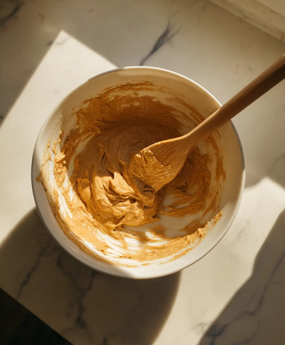 Peanut Butter Cookie Batter in Mixing Bowl Creamy peanut butter cookie batter being stirred with a wooden spoon in a rustic ceramic bowl on a marble counter.