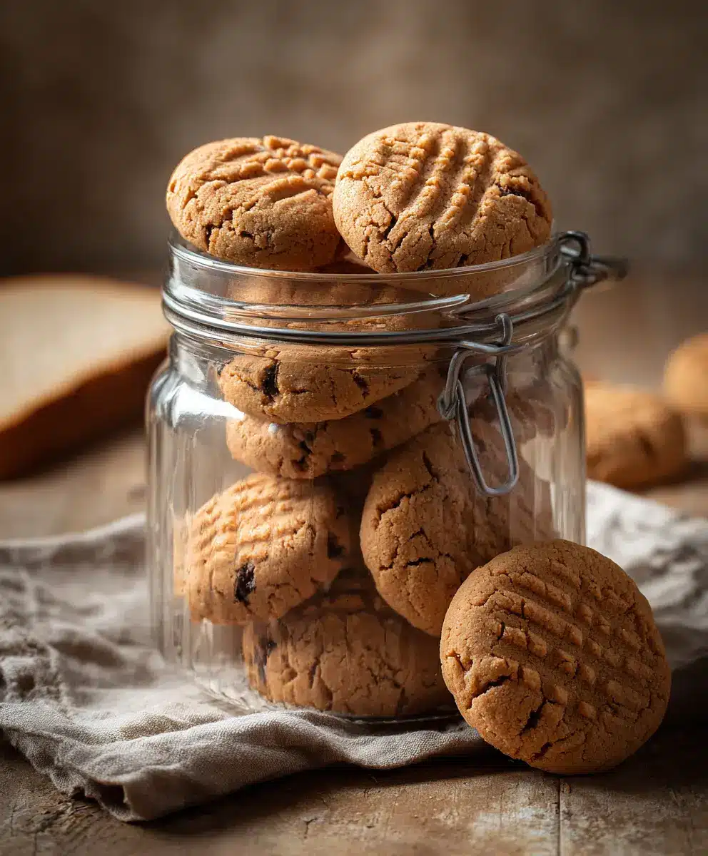 Homemade Peanut Butter Cookies in Jar Homemade peanut butter cookies stacked inside a glass jar on a rustic wooden table.