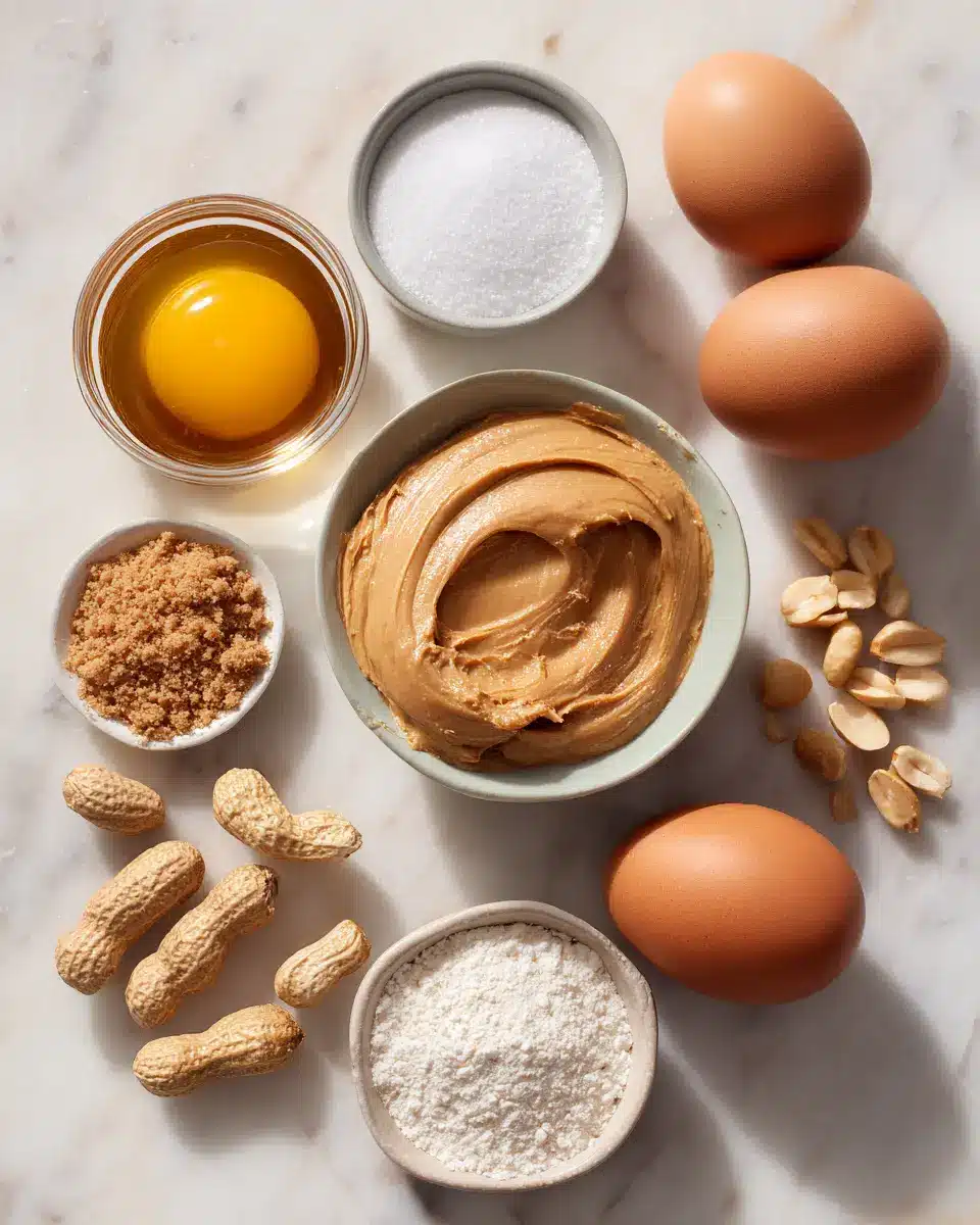 Ingredients for 3-Ingredient Peanut Butter Cookies Overhead shot of peanut butter, eggs, and sugar arranged neatly on a marble countertop for 3-ingredient peanut butter cookies.