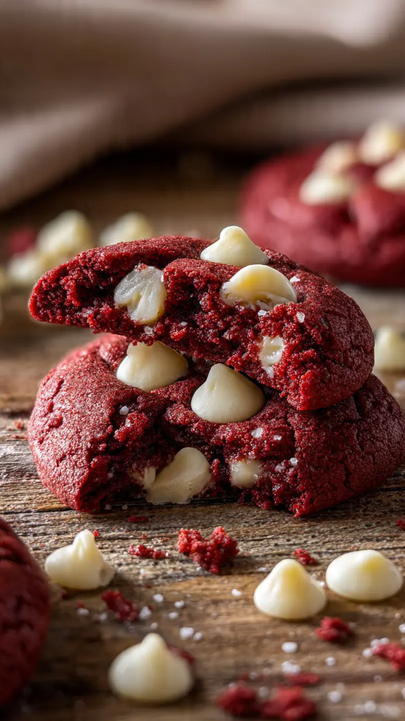 broken-open-red-velvet-cookie-showing-soft-chewy-c Chewy center of red velvet cookies