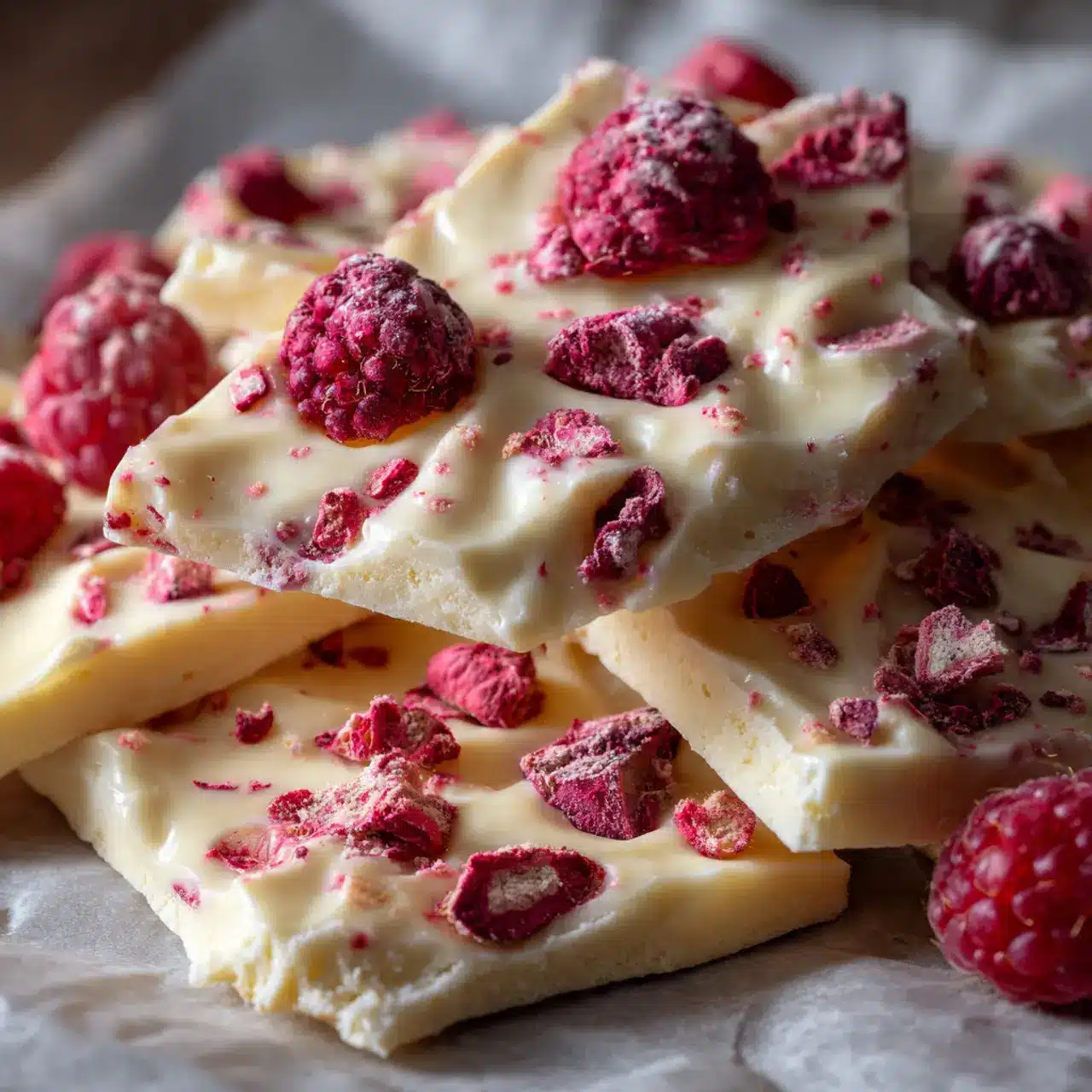 Viral TikTok Raspberry White Chocolate Bark broken into pieces