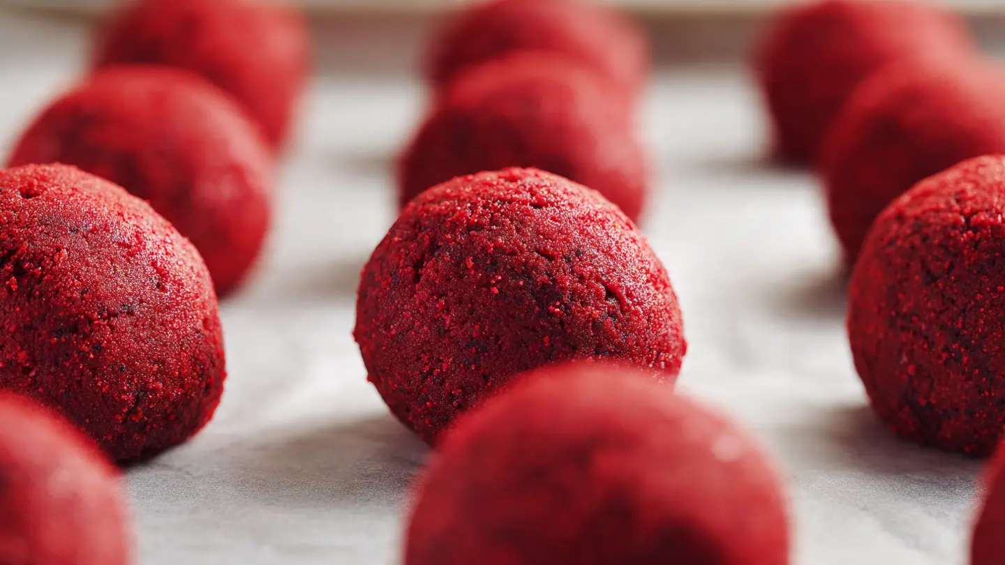 red-velvet-cookie-dough-balls-on Red velvet cookie dough ready to bake