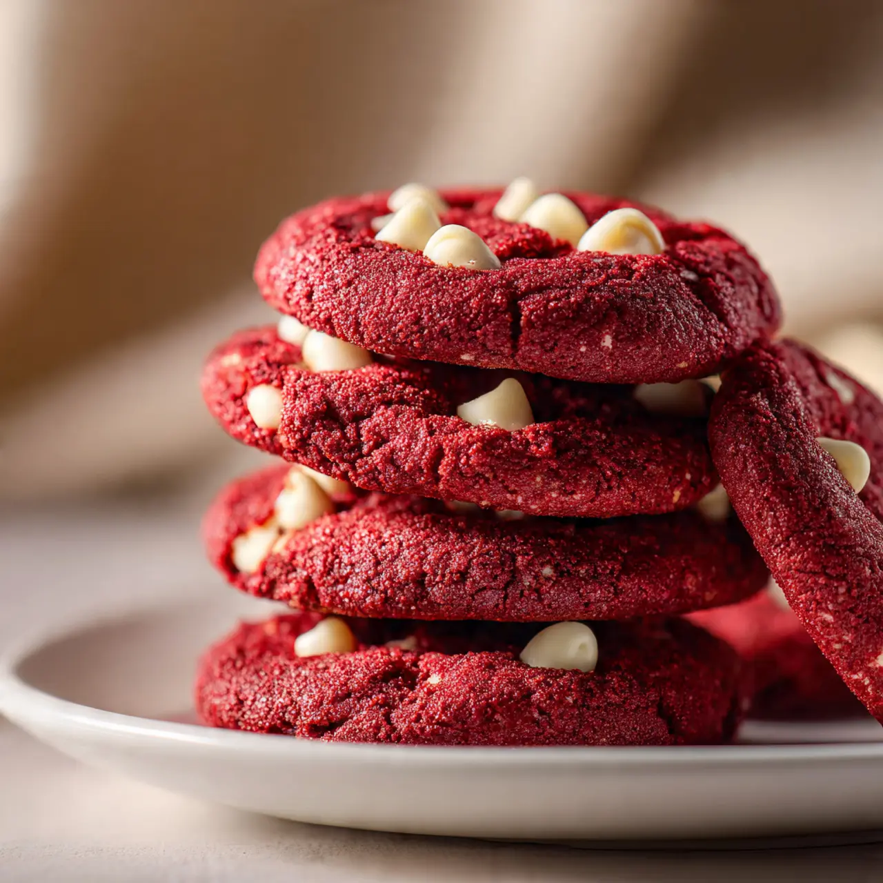 ultra Soft red velvet cookies stacked on plate