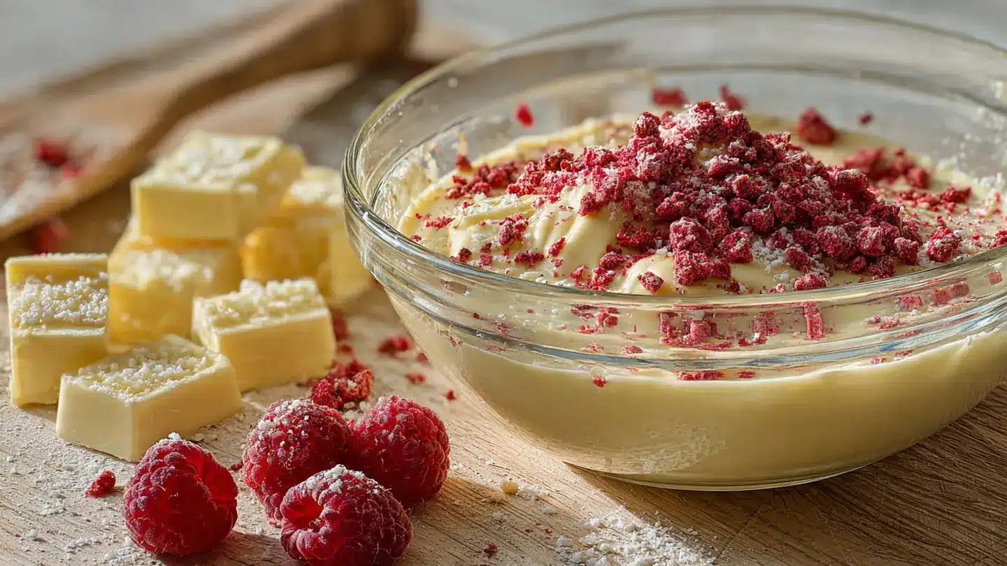 white-chocolate-melting-in-glass-bowl- Ingredients for Viral TikTok Raspberry White Chocolate Bark