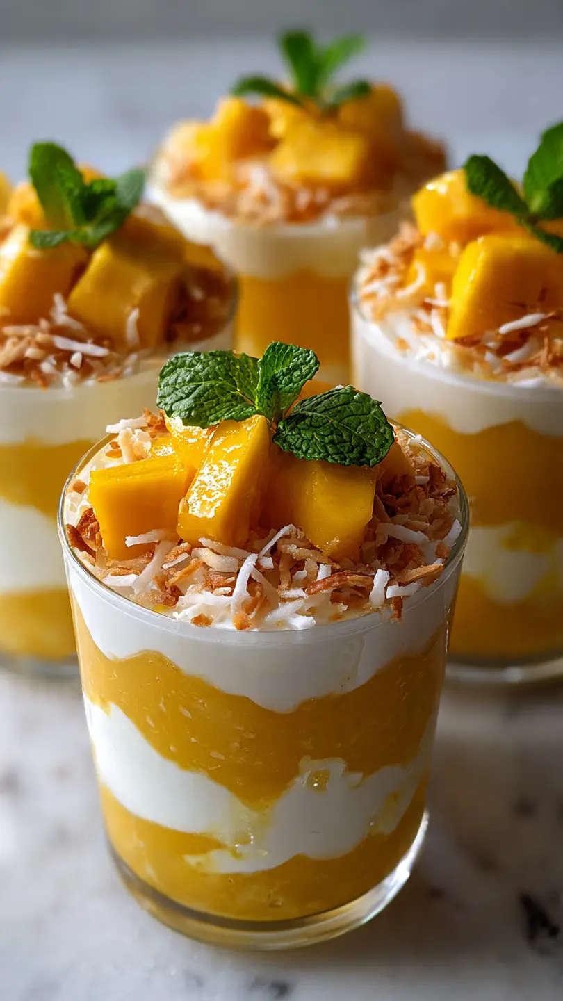 mango coconut cream layer dessert cups with whipped cream, mango puree, and coconut cream in clear cups on a white marble kitchen counter