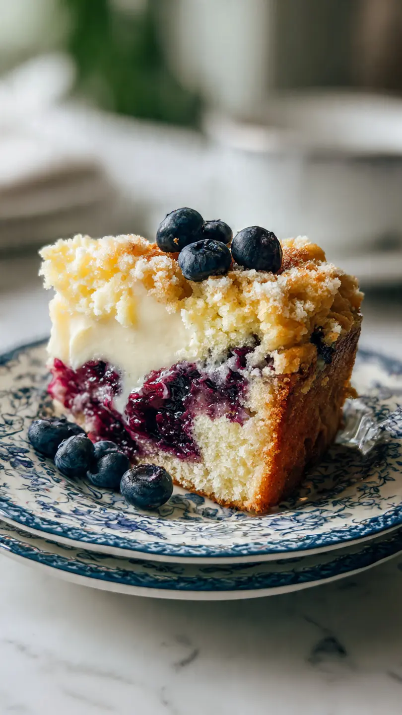 blueberry cream cheese muffin cake with soft texture juicy blueberries and creamy filling on white marble kitchen counter