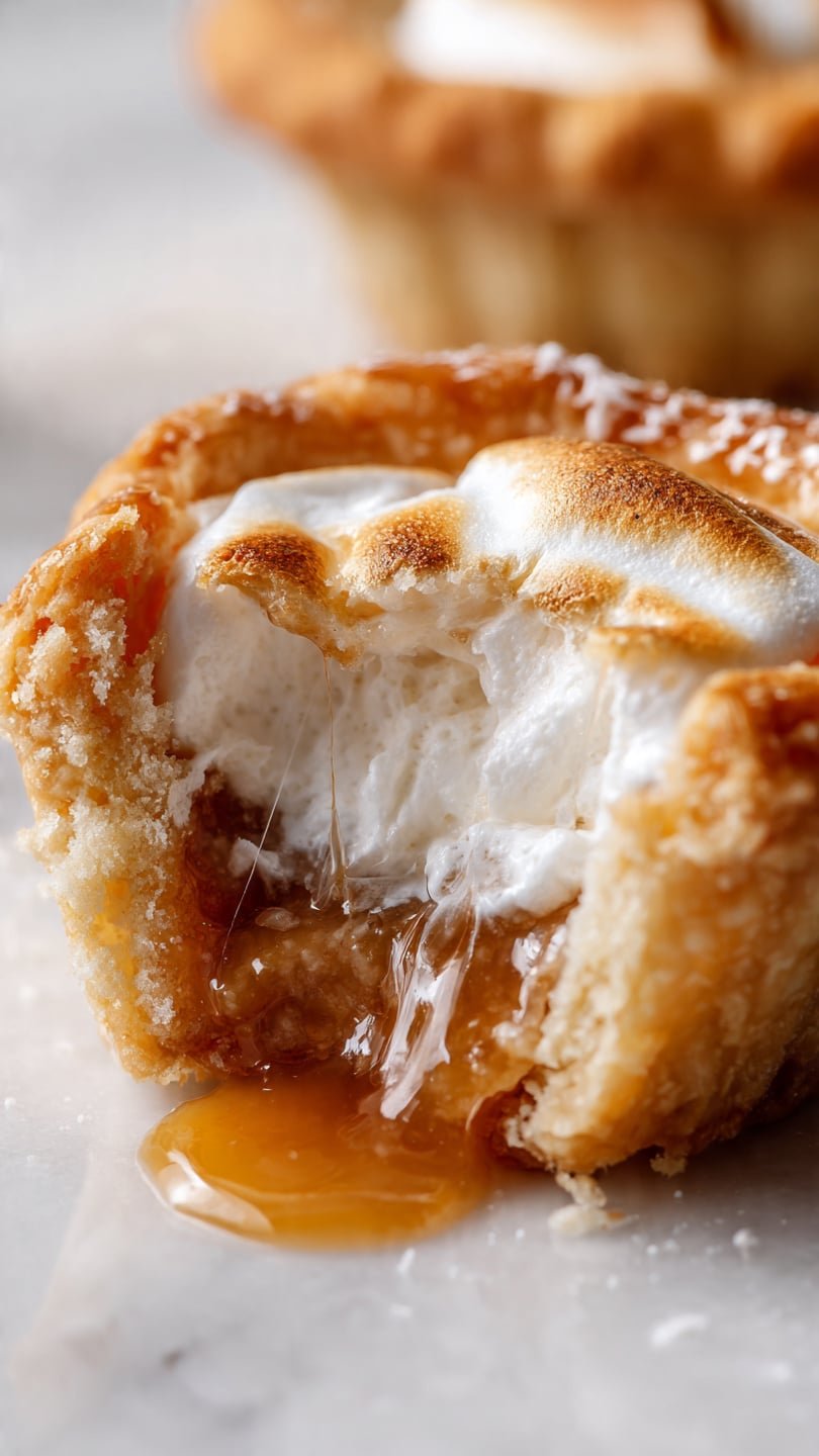 brown sugar marshmallow lava pie bites with golden crust and gooey melted marshmallow center on white marble kitchen counter