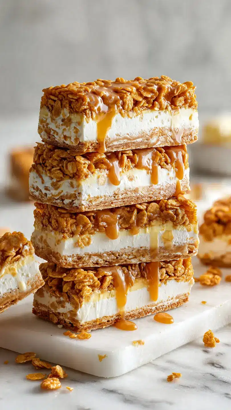 caramel cornflake ice cream crunch bars with crispy caramel coating and creamy ice cream layers on white marble kitchen counter
