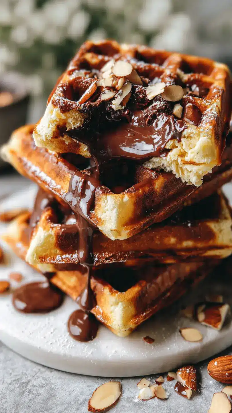 chocolate almond lava waffle cubes with crispy exterior and melted chocolate center on white marble kitchen counter