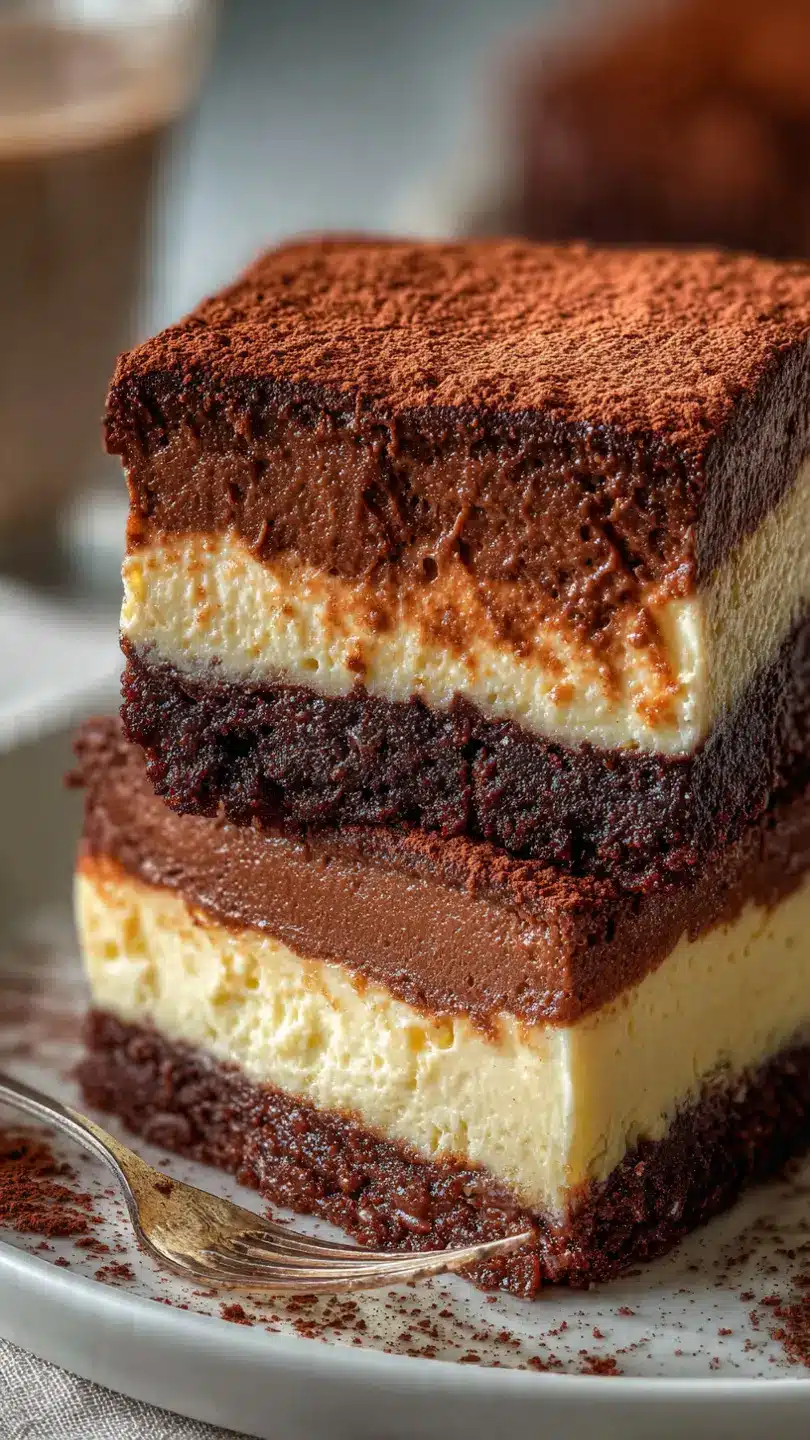 Chocolate Magic Custard Cake chocolate magic custard cake showing three layers with soft top creamy custard middle and dense base on white marble kitchen counter