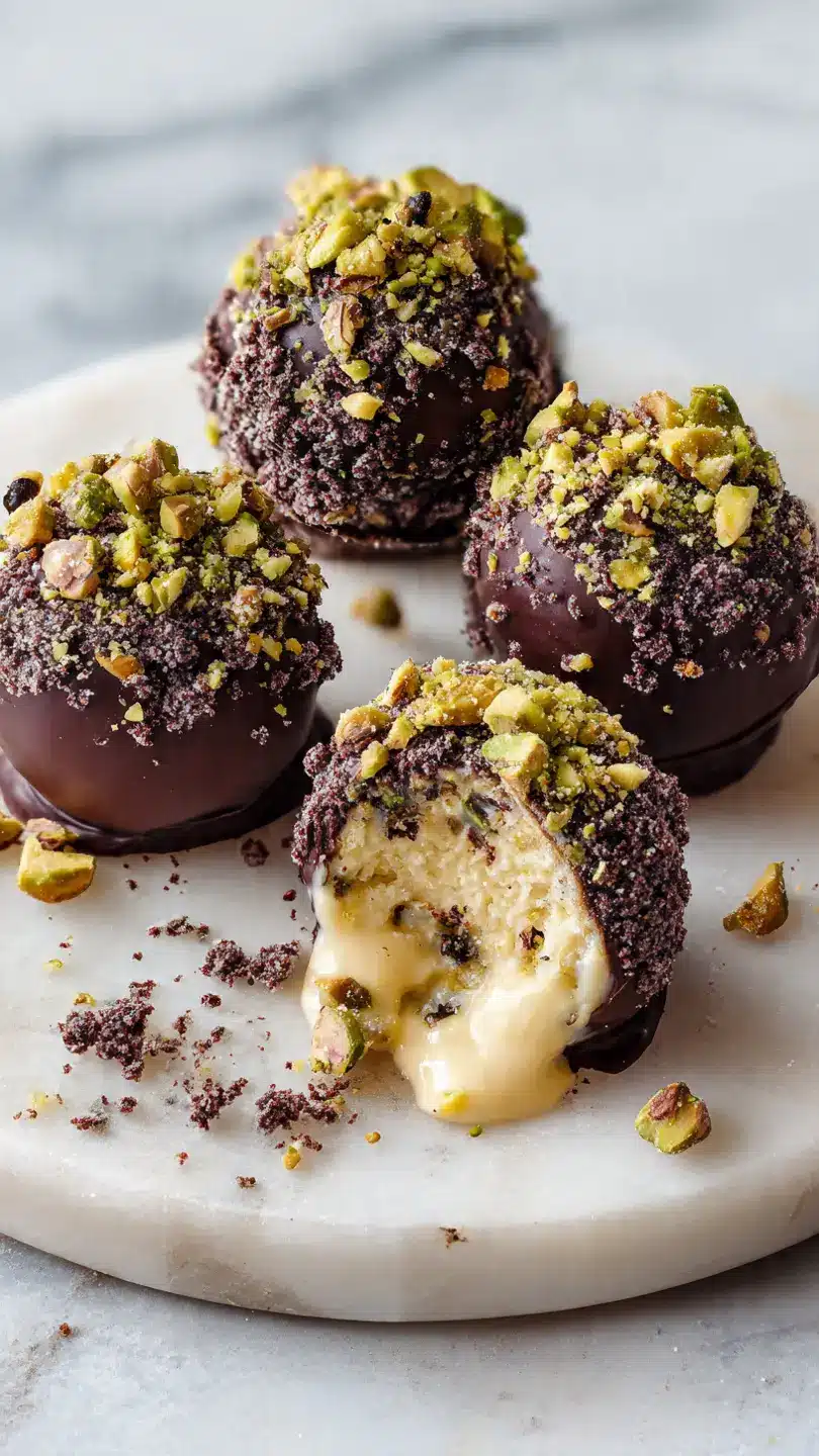 chocChocolate Pistachio Crunch Bombsolate-pistachio-crunch-bombs chocolate pistachio crunch bombs with crispy shell and creamy pistachio filling with crunchy texture on white marble kitchen counter