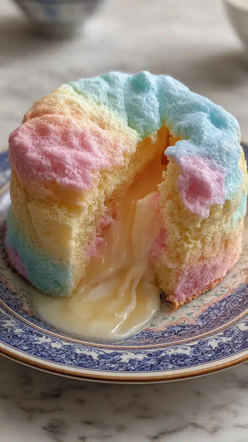 cotton candy lava cloud cake with fluffy texture and soft melting center on white marble kitchen counter