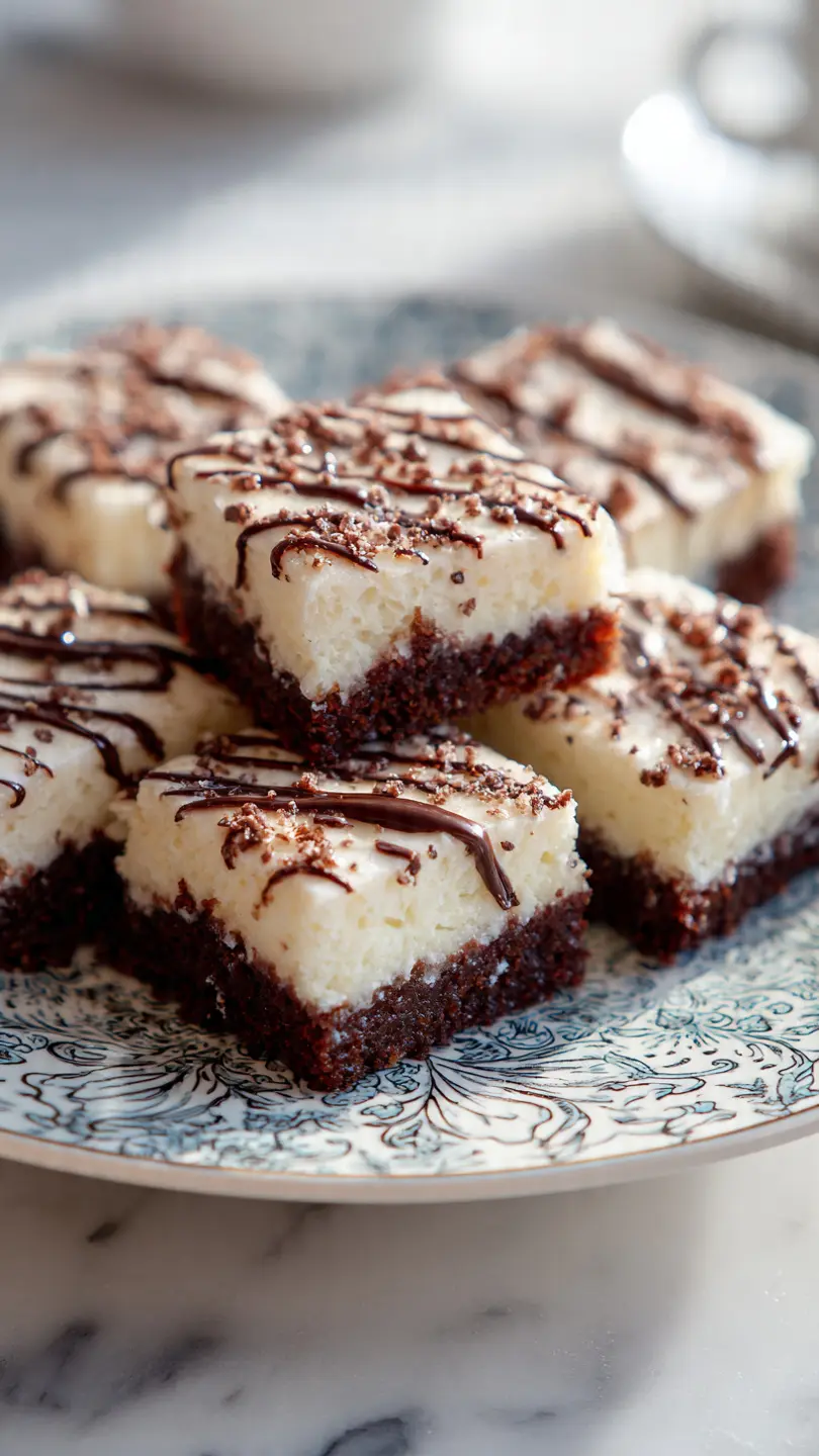 Easy homemade dessert bars cut into squares with soft moist texture and light chocolate drizzle