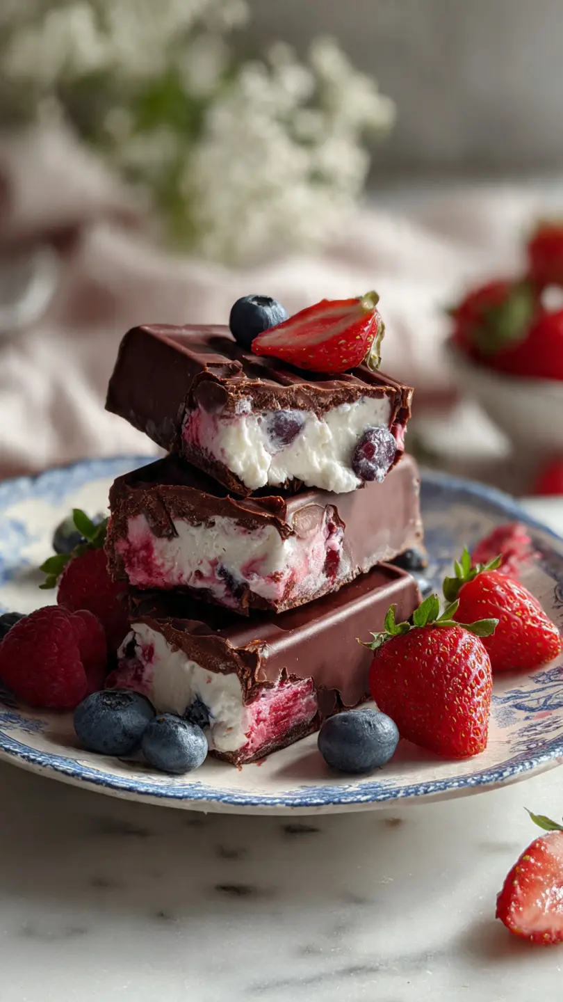 Frozen Berry Ice Crack Bars frozen berry ice crack bars with creamy layer mixed berries and crispy chocolate shell on white marble kitchen counter