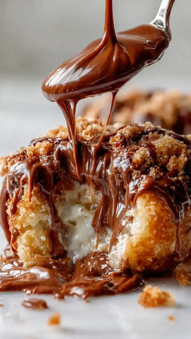 Gooey dessert broken open with molten center and thick chocolate or caramel flowing out