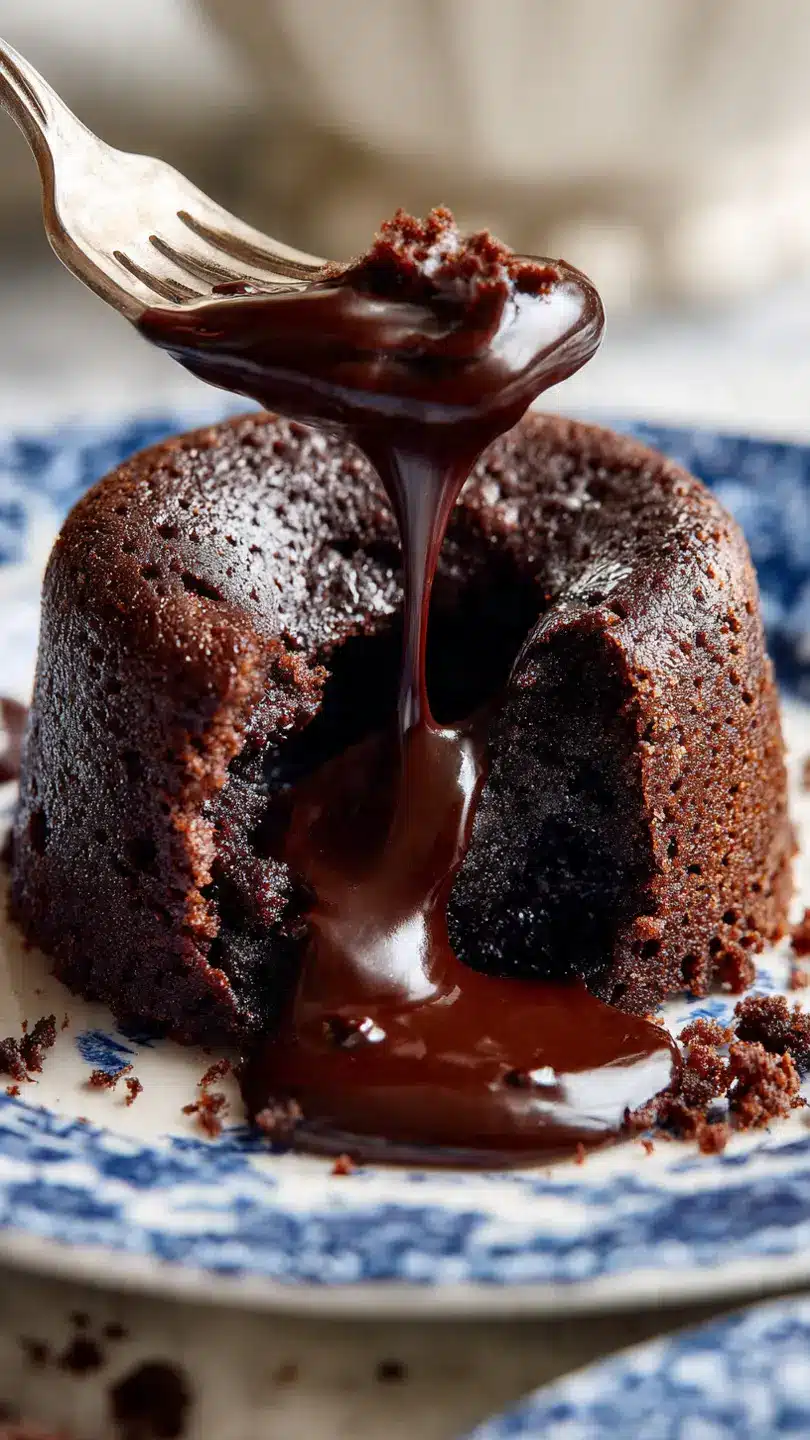 Gooey molten chocolate lava cake broken open with melted chocolate flowing out on a white marble countertop
