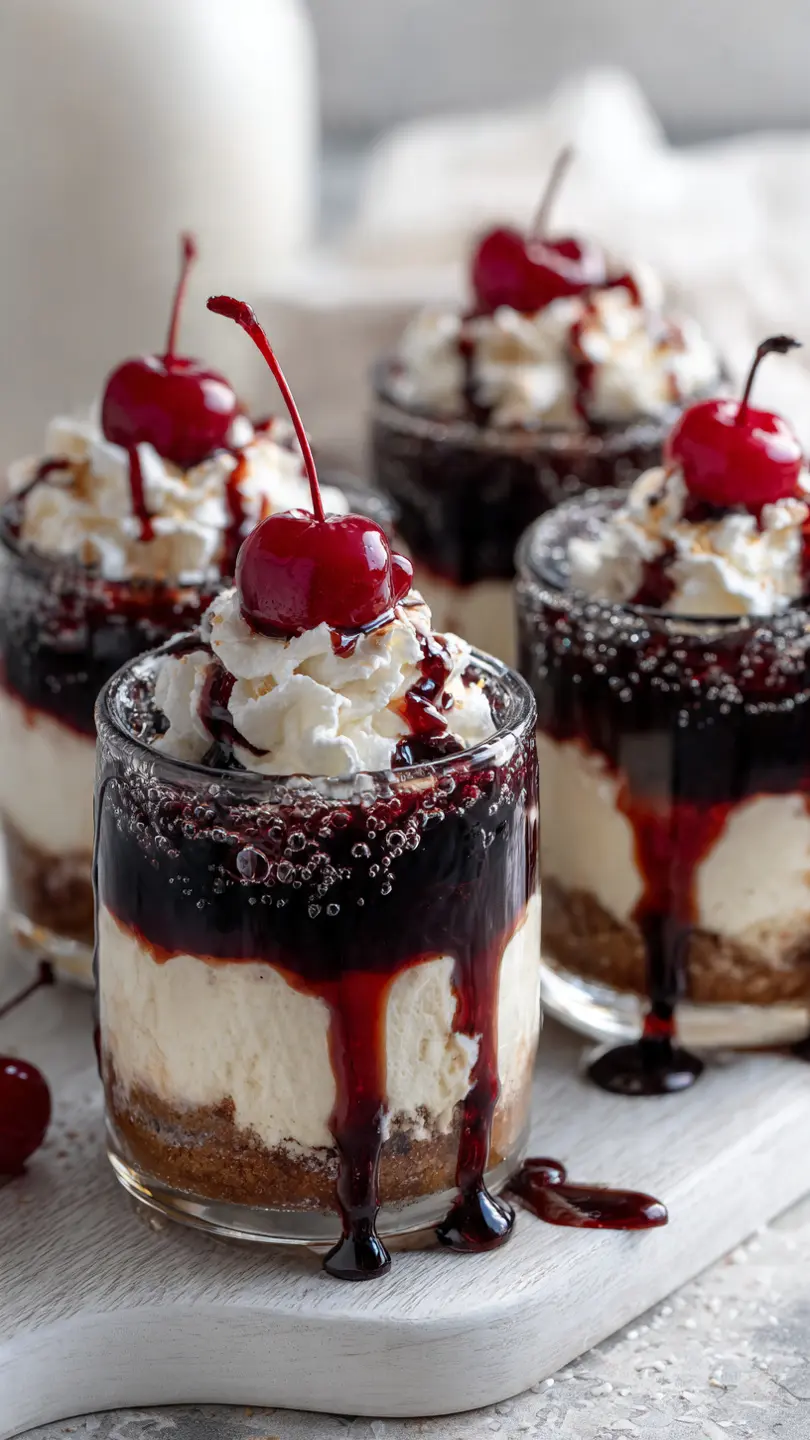Cherry Cola Float Lava Cheesecake Cups cherry cola float lava cheesecake cups with creamy cheesecake layers and gooey cherry center in glass cups on white marble kitchen counter