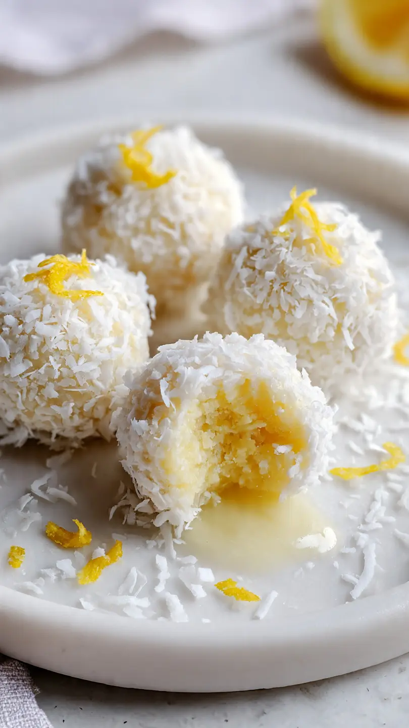 lemon coconut lava snow bites with soft texture and creamy lemon center coated in shredded coconut on white marble kitchen counter