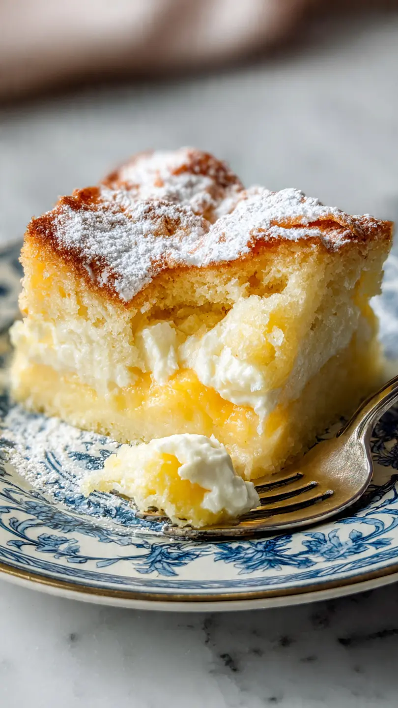 lemon cream cheese dump cake with golden top and creamy lemon filling in baking dish on white marble kitchen counter