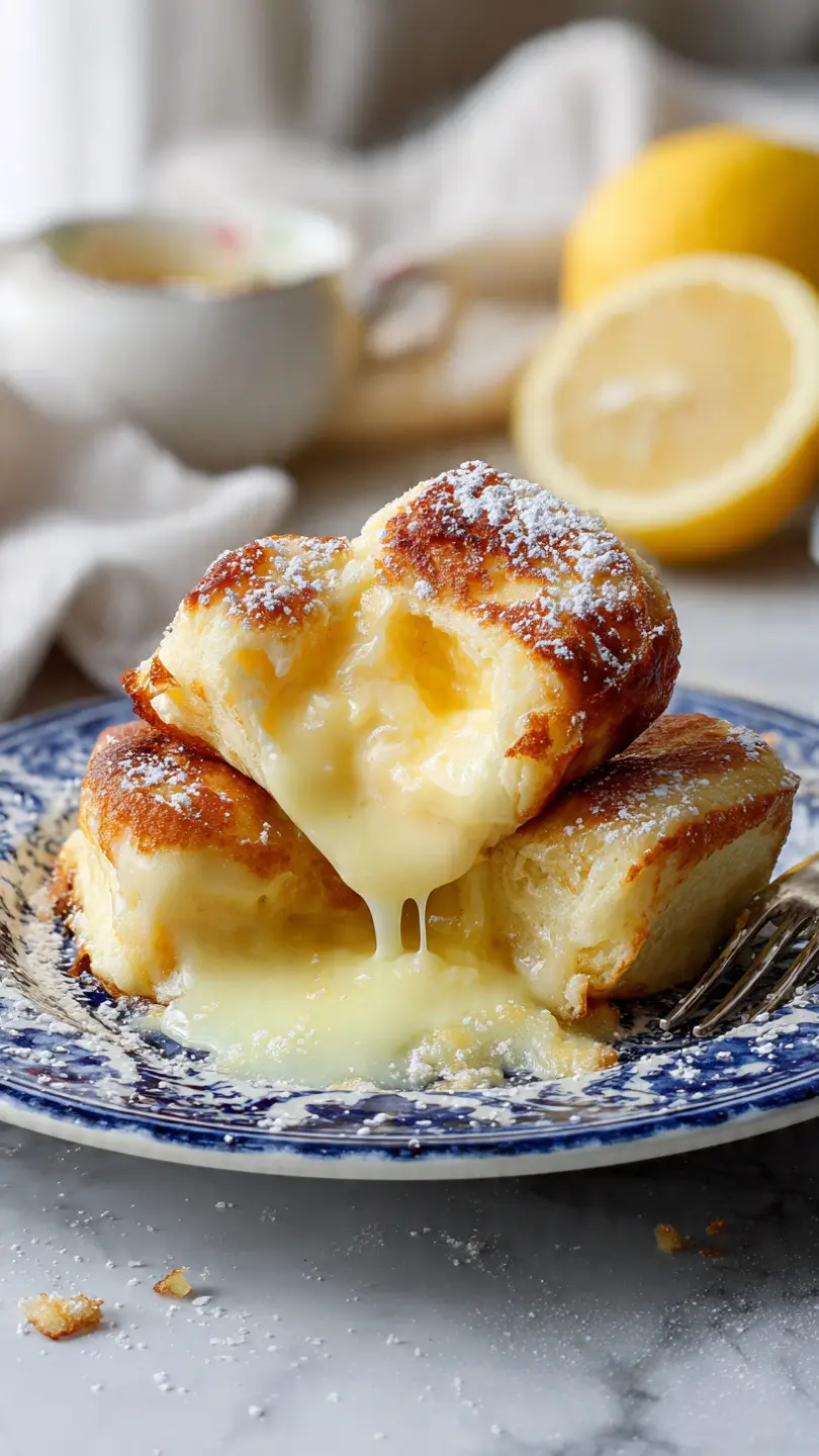 lemon foam lava pancake cubes with fluffy texture and creamy lemon center melting inside on white marble kitchen counter