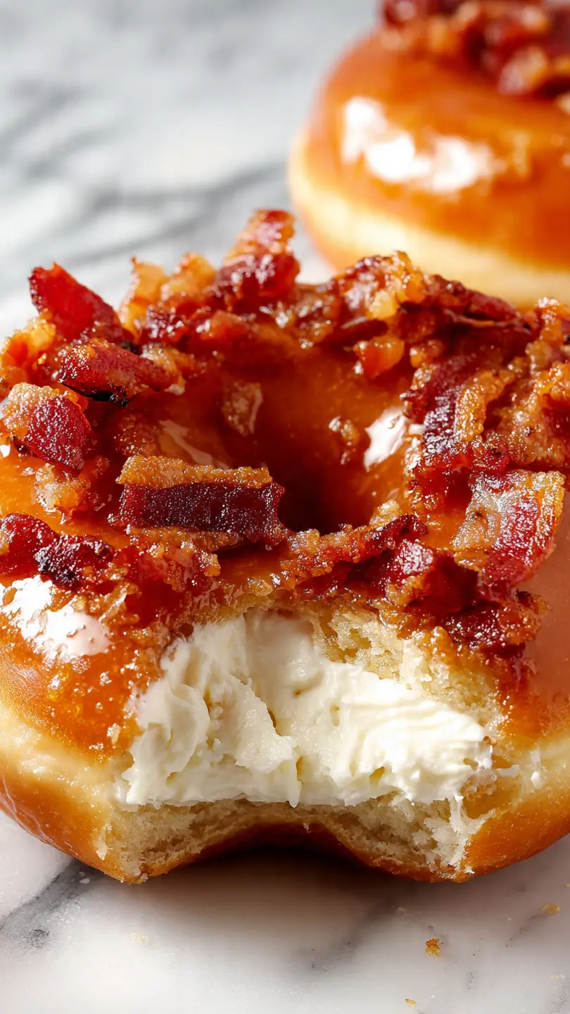 maple bacon cream donut bombs with golden exterior creamy filling maple glaze and crispy bacon topping on white marble kitchen counter