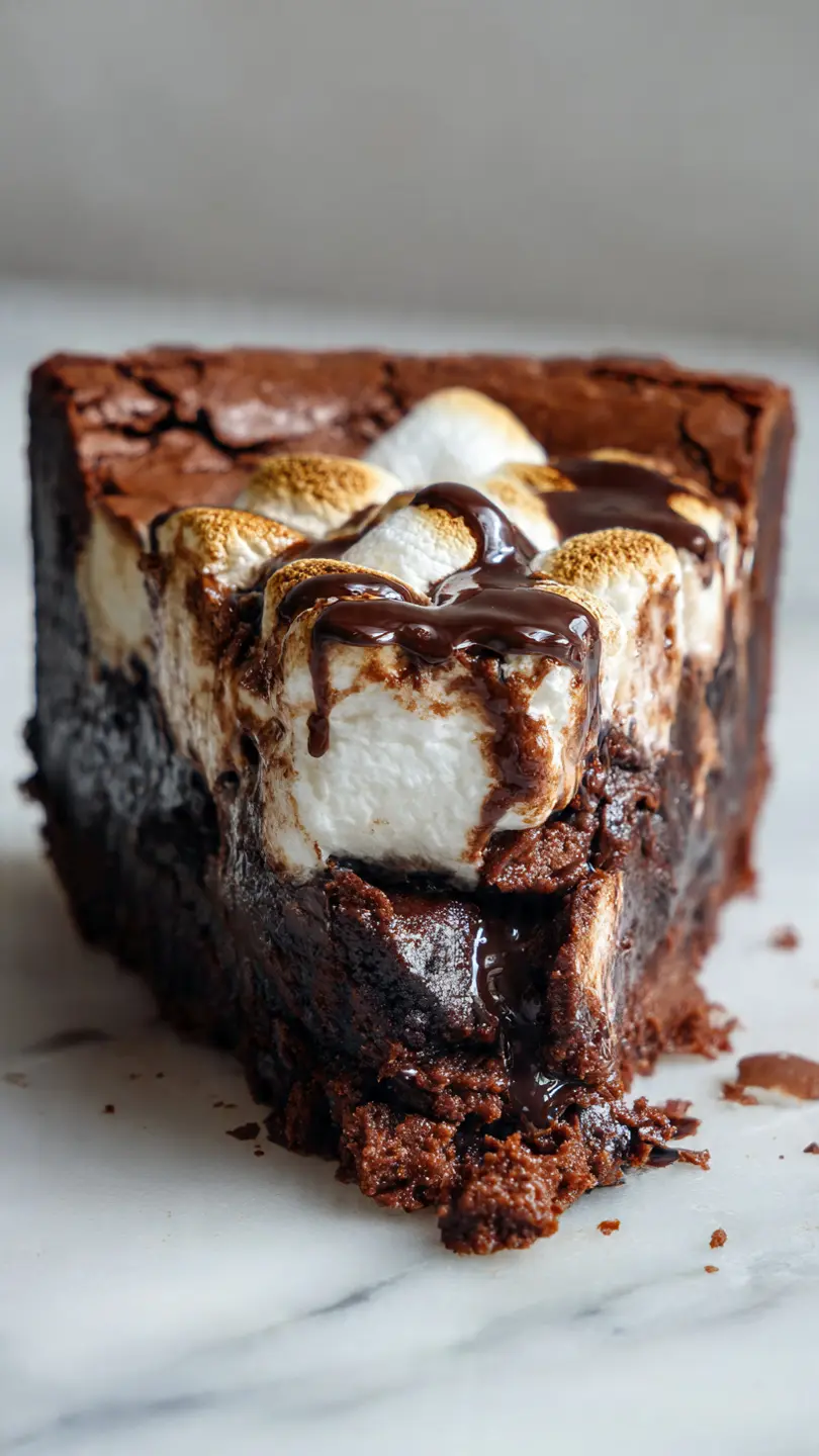 mississippi mud brownie pie with fudgy chocolate texture melted marshmallows and gooey topping on white marble kitchen counter