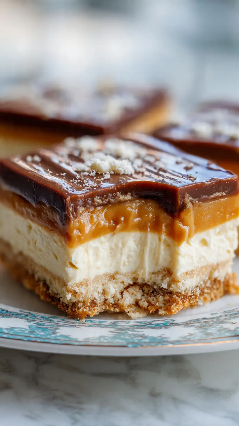 No bake cheesecake bars with creamy layers and smooth texture on a white marble kitchen counter