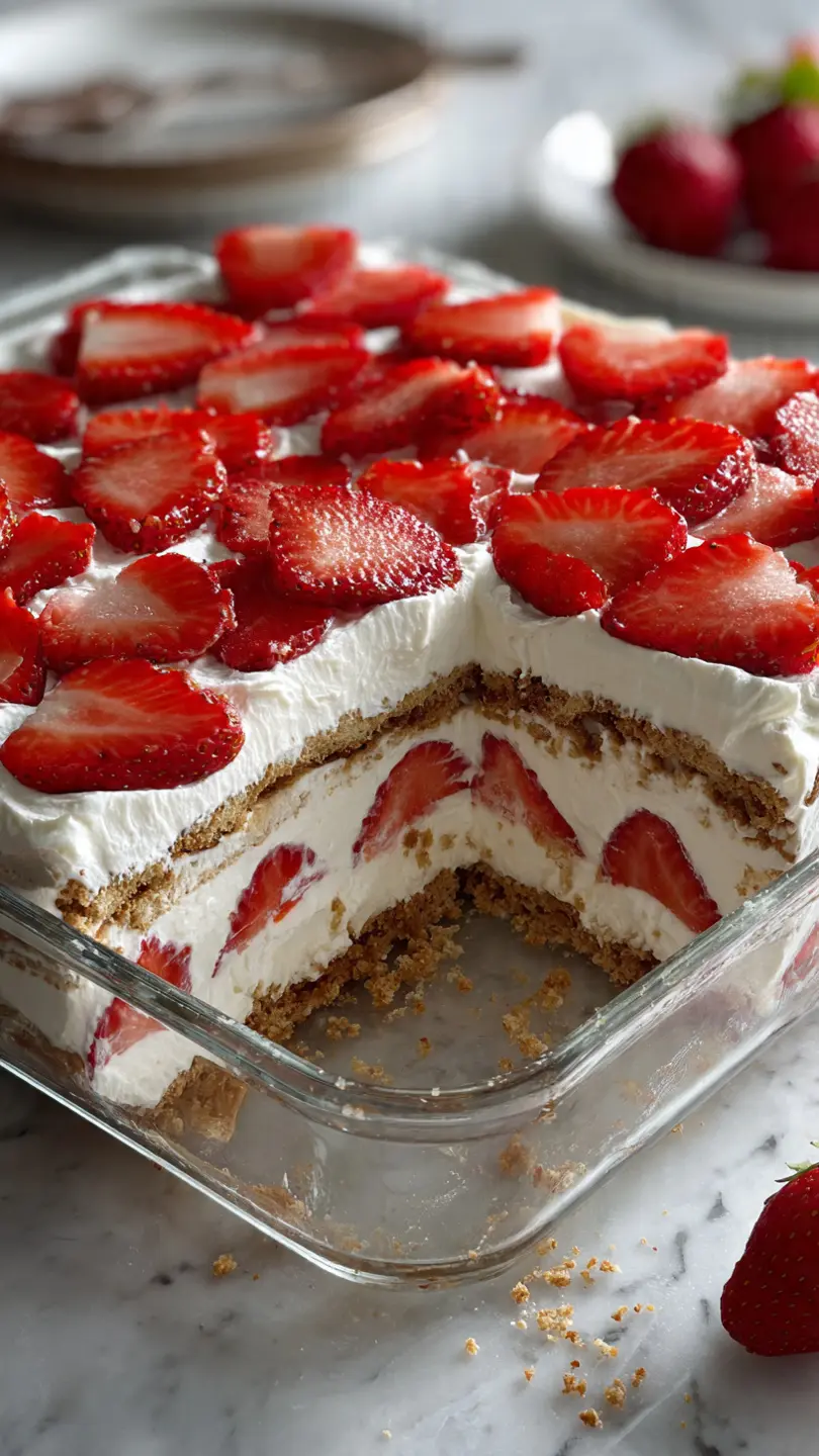 easy no-bake strawberry icebox cake layered with whipped cream fresh strawberries and graham crackers on white marble kitchen counter