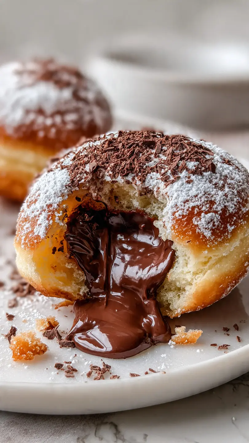 Nutella Lava Stuffed Donuts nutella lava stuffed donuts with soft bakery texture and melted chocolate center on white marble kitchen counter
