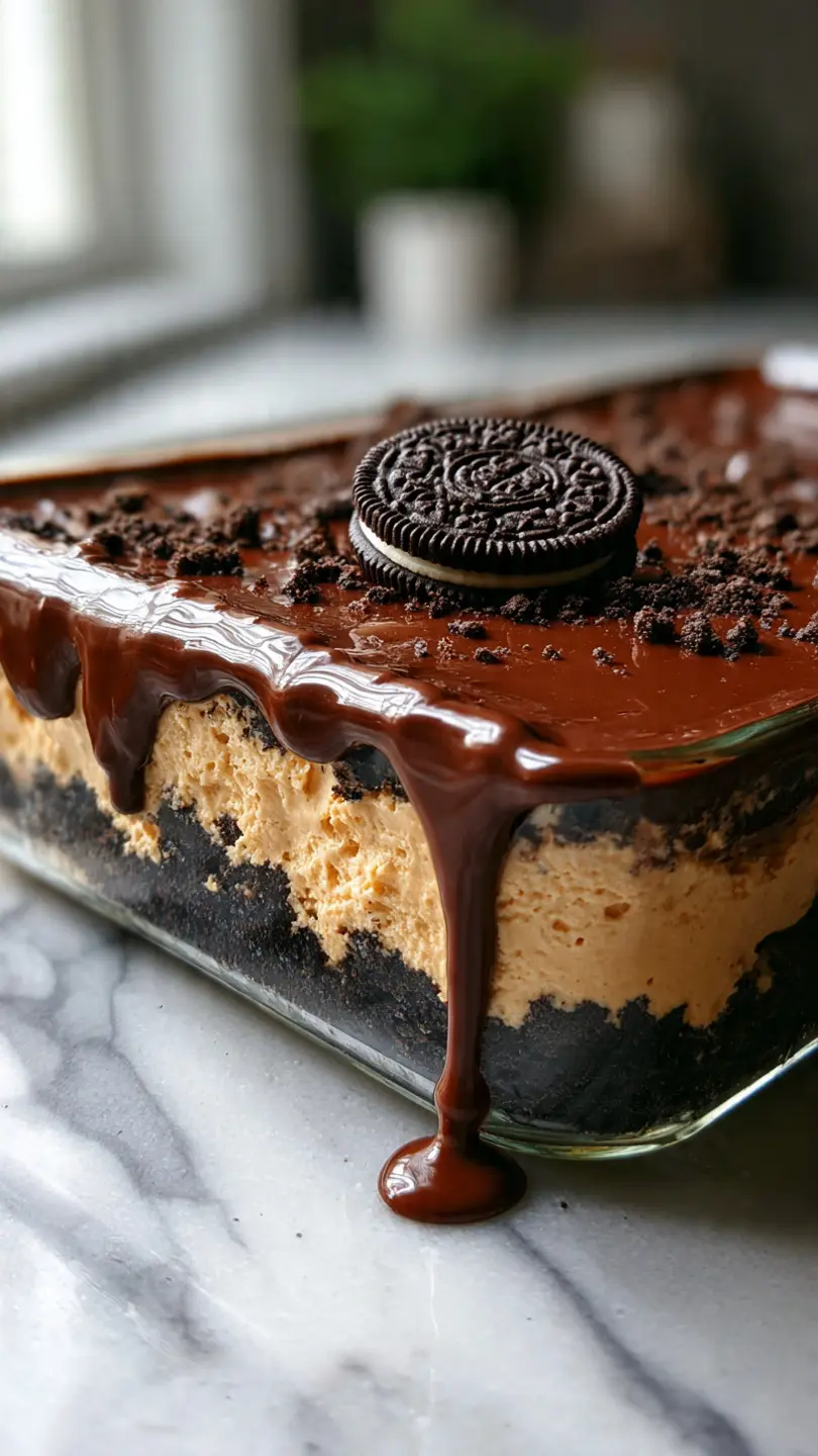 oreo peanut butter explosion bars with creamy peanut butter filling and crushed oreo layers on white marble kitchen counter