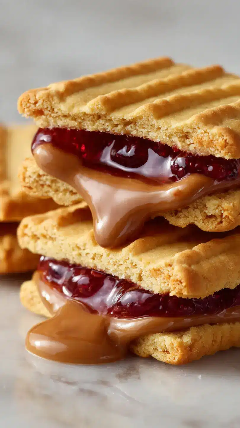 pb and j lava biscuit sandwiches with golden exterior and gooey peanut butter jelly center on white marble kitchen counter