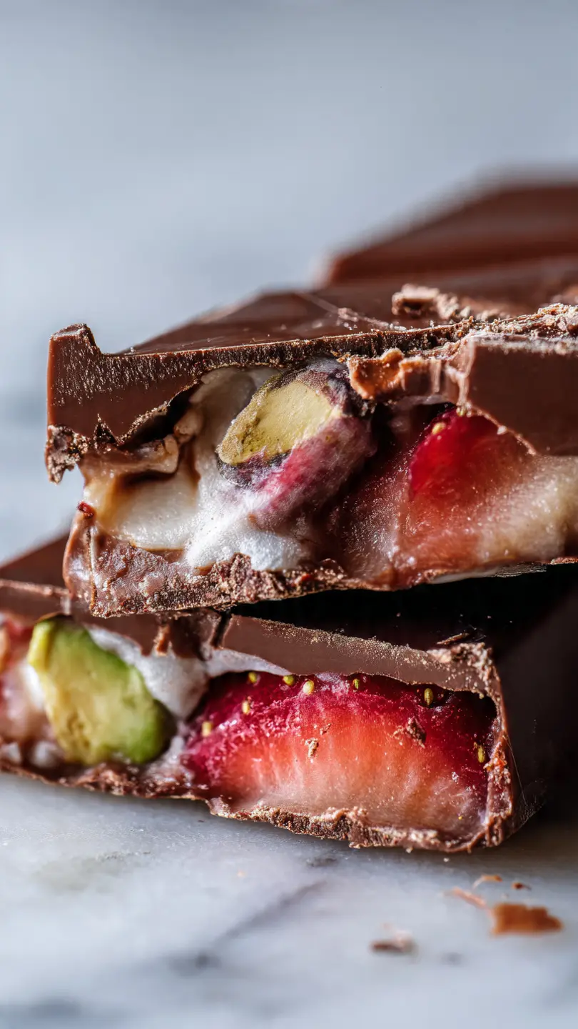 pistachio strawberry smash chocolate bars with crispy chocolate shell and creamy pistachio strawberry layers on white marble kitchen counter