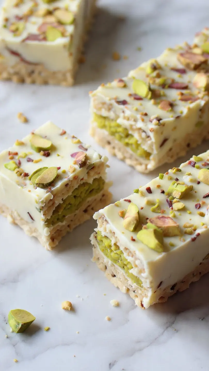 pistachio white chocolate crunch bars with creamy texture and crunchy nuts on white marble kitchen counter