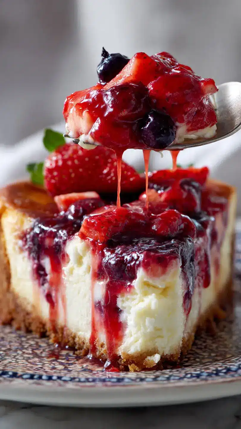 Strawberry and blueberry cheesecake with creamy filling and glossy berry sauce dripping over the layers