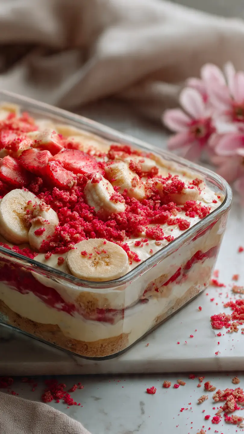 strawberry crunch banana pudding layered dessert with creamy filling banana slices and crunchy strawberry topping in glass dish on white marble kitchen counter