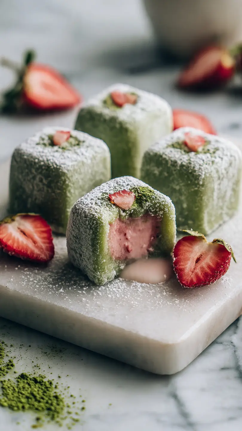 Strawberry Matcha Mochi Lava Cubes strawberry matcha mochi lava cubes with chewy green exterior and creamy strawberry filling melting out on white marble kitchen counter